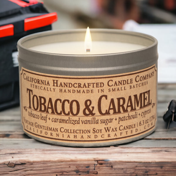 Tobacco & Caramel Scented Soy Wax Travel Candle | Tobacco Leaf + Caramelized Vanilla + Patchouli + Cypress