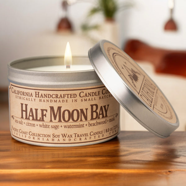 Half Moon Bay Scented Soy Wax Travel Candle | Sea Salt + Citron + White Sage + Watermint + Beachwood + Musk