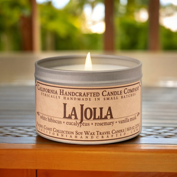 La Jolla Scented Soy Wax Travel Candle | White Hibiscus + Eucalyptus + Rosemary + Vanilla Musk