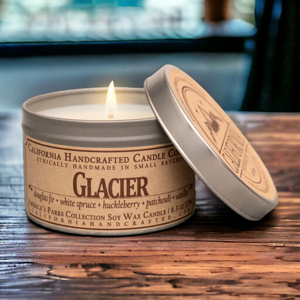 Glacier National Park Scented Soy Wax Travel Candle | Cedarwood + Amber + Sandalwood + Rose + Wild Violet + Clove