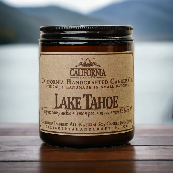 Lake Tahoe Scented Soy Wax Amber Jar Candle | Fresh Air + Cozy Flannel + Honeysuckle + Violet Petals + Blonde Woods