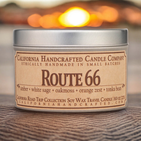 Route 66 Scented Soy Wax Travel Candle | Amber + White Sage + Oakmoss + Orange Zest + Tonka Bean