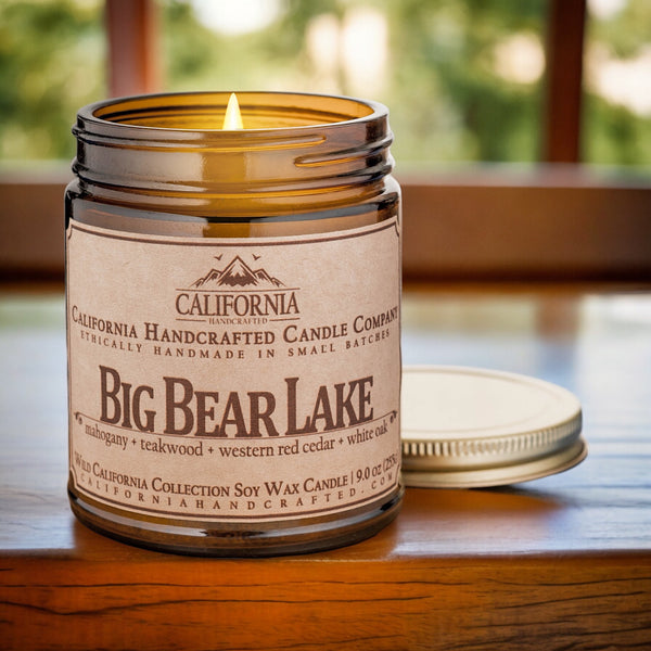 California Handcrafted Big Bear Lake Scented Soy Wax Travel Candle | Mahogany + Teakwood + Western Red Cedar + White Oak
