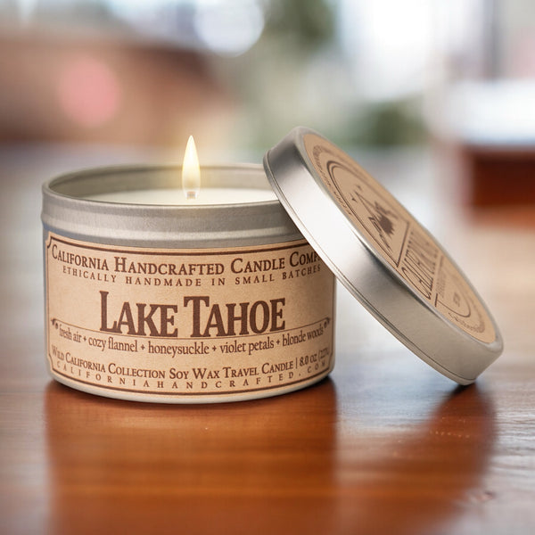 Lake Tahoe Scented Soy Wax Travel Candle | Fresh Air + Cozy Flannel + Honeysuckle + Violet Petals + Blonde Woods