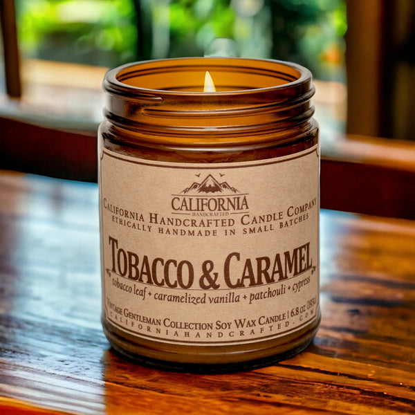 Tobacco & Caramel Scented Soy Wax Jar Candle | Tobacco Leaf + Caramelized Vanilla + Patchouli + Cypress