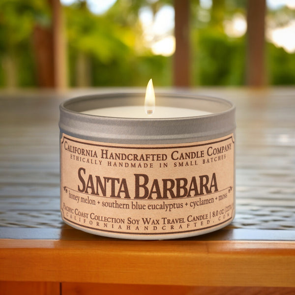 Santa Barbara Scented Soy Wax Travel Candle | Honey Melon + Southern Blue Eucalyptus + Cyclamen + Moss