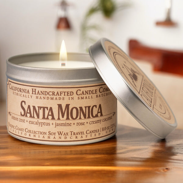 Santa Monica Scented Soy Wax Travel Candle | Lemon Zest + Eucalyptus + Jasmine + Rose + Creamy Coconut
