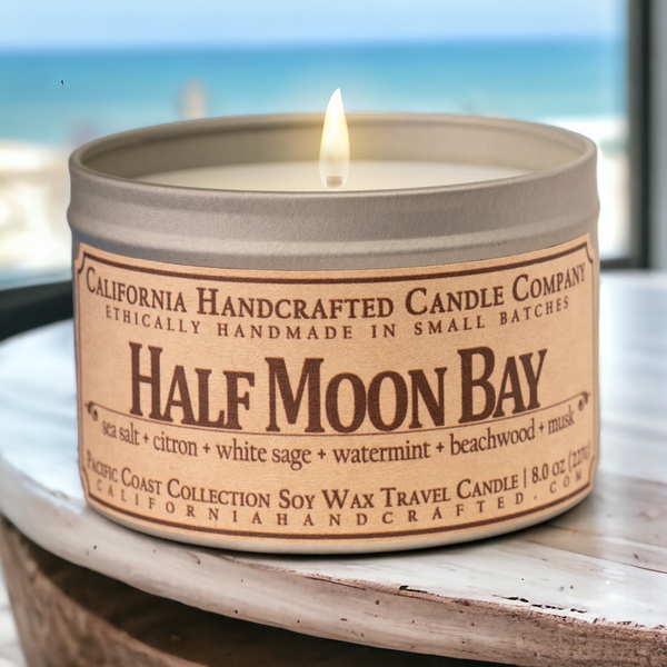 Half Moon Bay Soy Wax Travel Candle | Sea Salt  +  Citron  +  White Sage  | 8 oz Tin