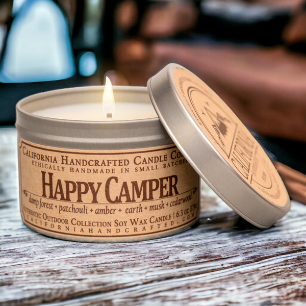 Happy Camper Scented Soy Wax Travel Candle | Damp Forest + Patchouli + Amber + Earth + Musk + Cedarwood