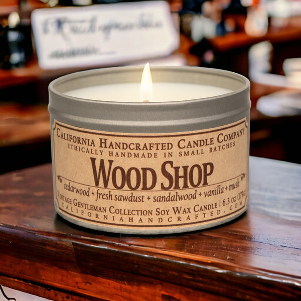 Wood Shop Scented Soy Wax Travel Candle | Cedarwood + Fresh Sawdust + Sandalwood + Vanilla + Musk