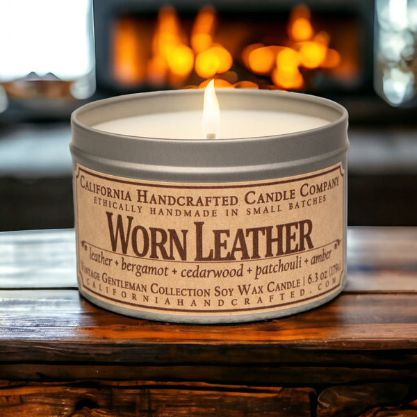 Worn Leather Scented Soy Wax Travel Candle | Leather + Cedarwood + Birch Tar + Juniper Berries + Amber