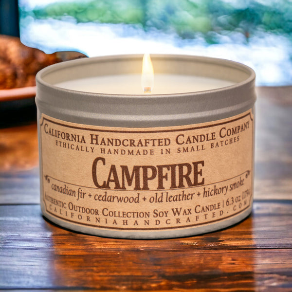 Campfire Scented Soy Wax Travel Candle | Hickory Smoke + Pine Needles + Birchwood + Oak + Vanilla