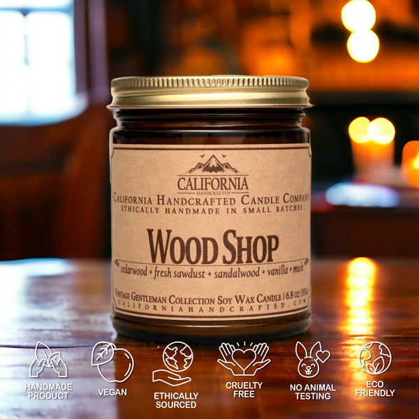 Wood Shop Scented Soy Wax Jar Candle | Cedarwood + Fresh Sawdust + Sandalwood + Vanilla + Musk