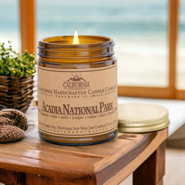 Acadia National Park Soy Candle | 9oz Amber Glass Jar | Bergamot + Moss + Juniper Coastal Blend