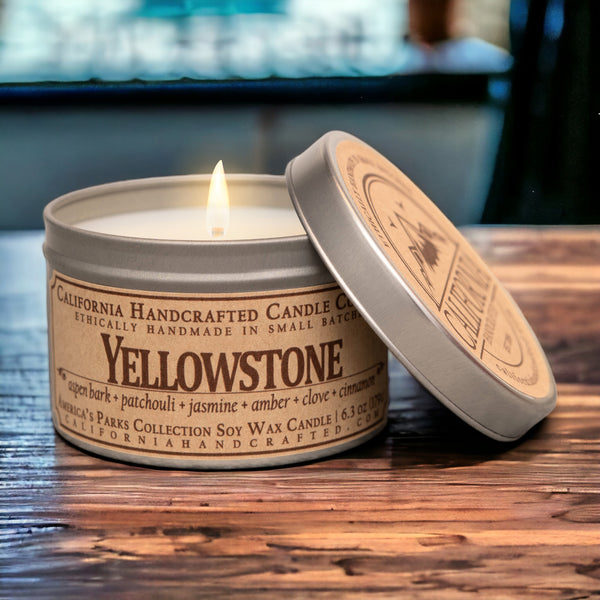 Yellowstone National Park Scented Soy Wax Travel Candle | Aspen Bark + Patchouli + Jasmine + Amber + Clove + Cinnamon