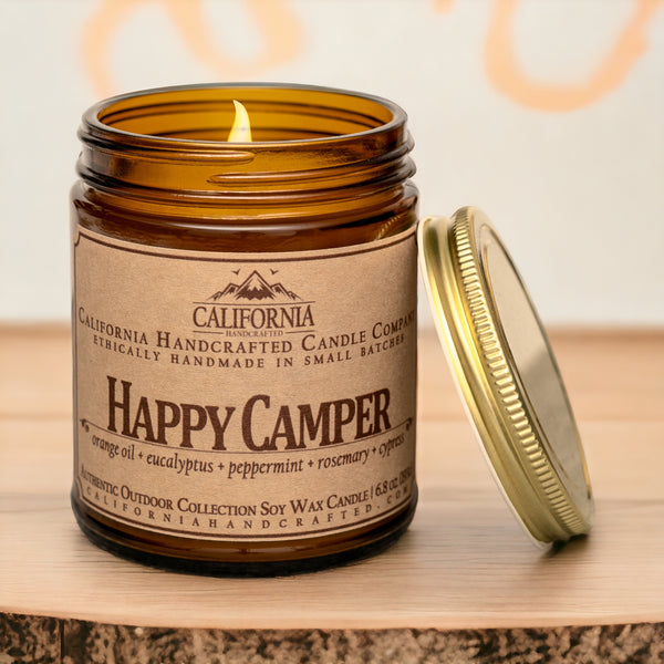 Happy Camper Scented Soy Wax Jar Candle | Damp Forest + Patchouli + Amber + Earth + Musk + Cedarwood