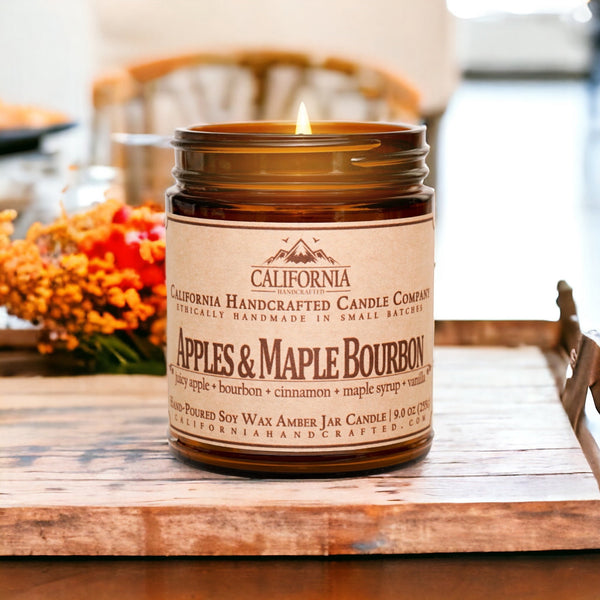 Apples & Maple Bourbon Scented Soy Wax Jar Candle | Juicy Apple + Bourbon + Cinnamon + Maple Syrup + Vanilla - California Handcrafted