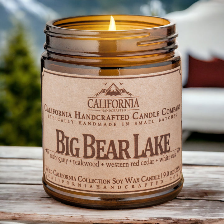 Big Bear Lake Soy Wax Amber Jar Candle | Mahogany + Teakwood + Western Red Cedar | 9 oz Jar - California Handcrafted