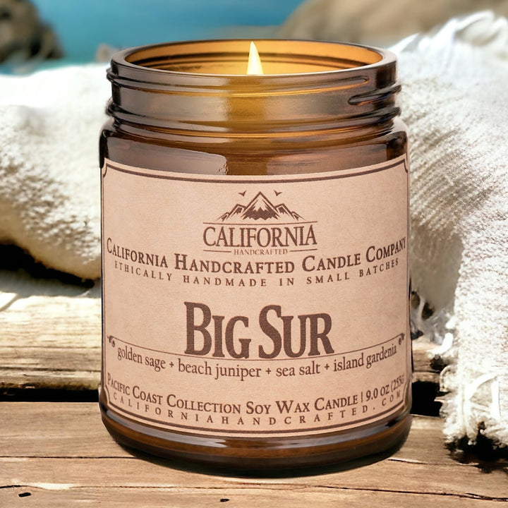 Big Sur Soy Wax Amber Jar Candle | Golden Sage + Beach Juniper + Sea Salt | 9 oz Jar - California Handcrafted