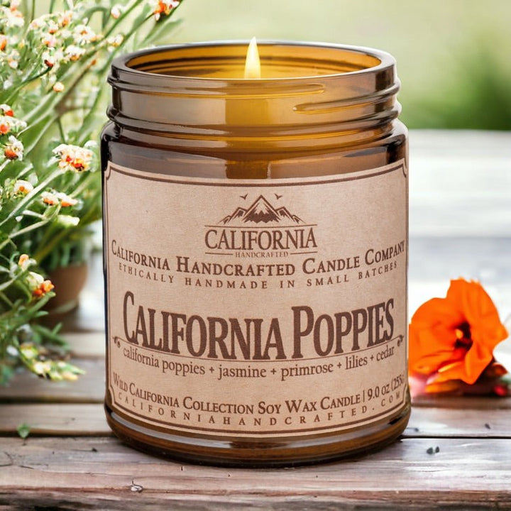 California Poppies Soy Wax Amber Jar Candle | California Poppies + Jasmine + Primrose | 9 oz Jar - California Handcrafted