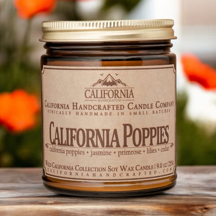 California Poppies Soy Wax Amber Jar Candle | California Poppies + Jasmine + Primrose | 9 oz Jar - California Handcrafted