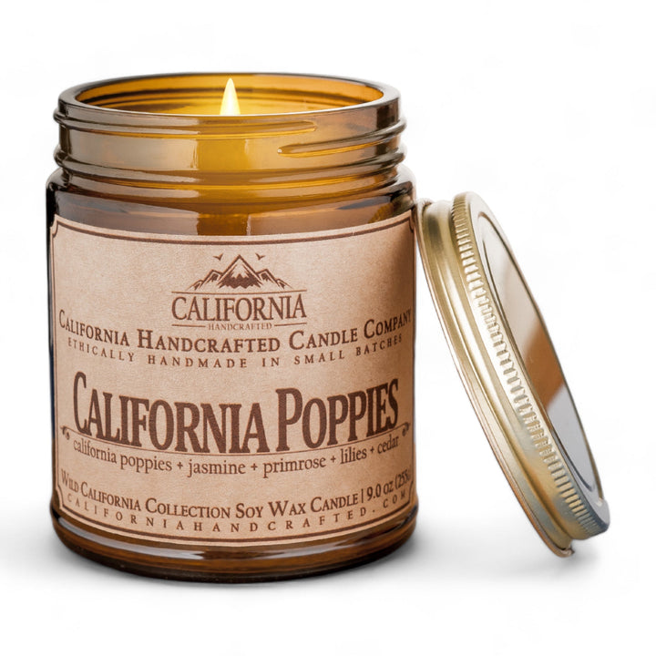 California Poppies Soy Wax Amber Jar Candle | California Poppies + Jasmine + Primrose | 9 oz Jar - California Handcrafted