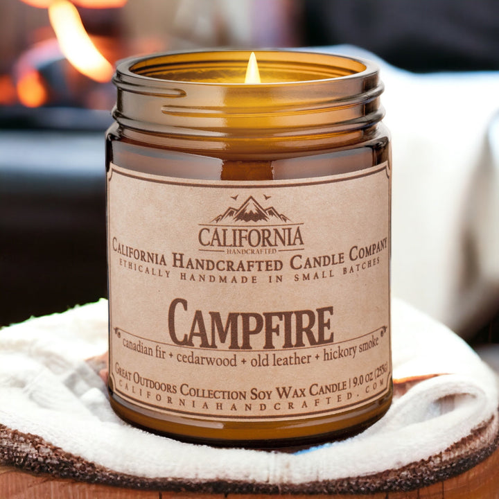 Campfire Soy Wax Amber Jar Candle | Hickory Smoke + Pine Needles + Birchwood | 9 oz Jar - California Handcrafted