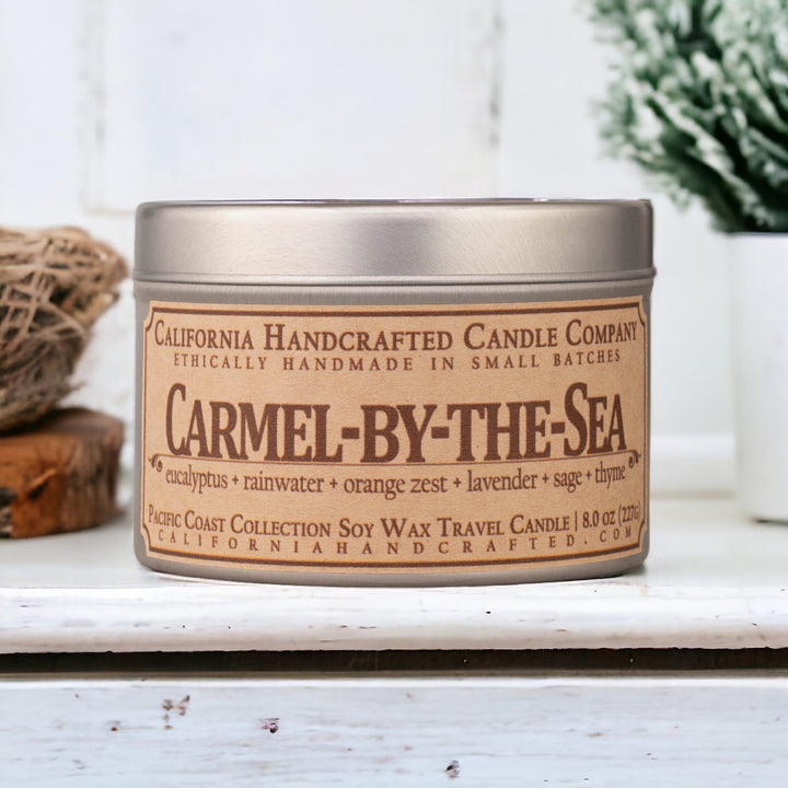 Carmel - by - the - Sea Soy Wax Travel Candle | Eucalyptus + Rainwater + Orange Zest | 8 oz Tin - California Handcrafted