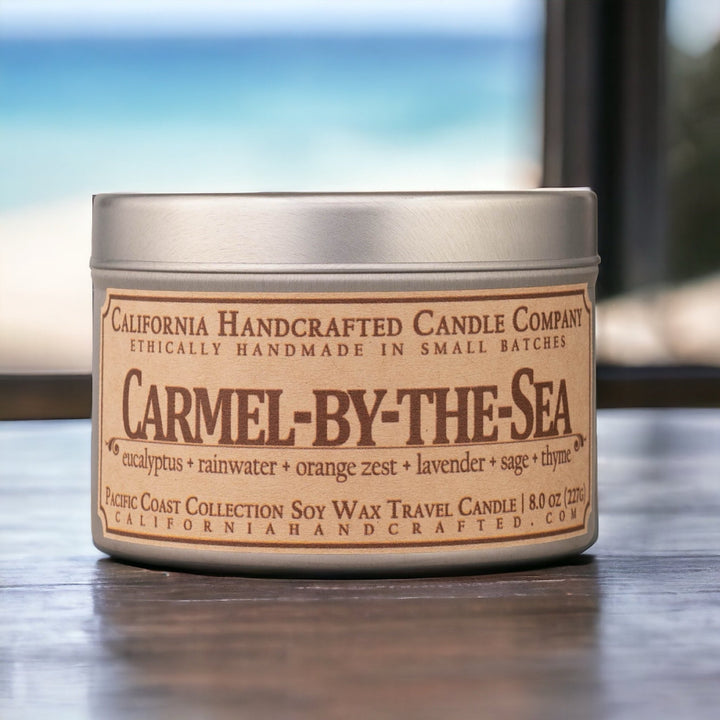 Carmel - by - the - Sea Soy Wax Travel Candle | Eucalyptus + Rainwater + Orange Zest | 8 oz Tin - California Handcrafted