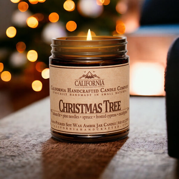 Christmas Tree Scented Soy Wax Jar Candle | Balsam Fir + Pine Needles + Spruce + Frosted Cypress + Eucalyptus - California Handcrafted