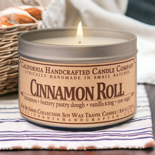 Cinnamon Roll Soy Wax Travel Candle | Cinnamon + Buttery Pastry Dough + Vanilla Icing | 8 oz Tin - California Handcrafted