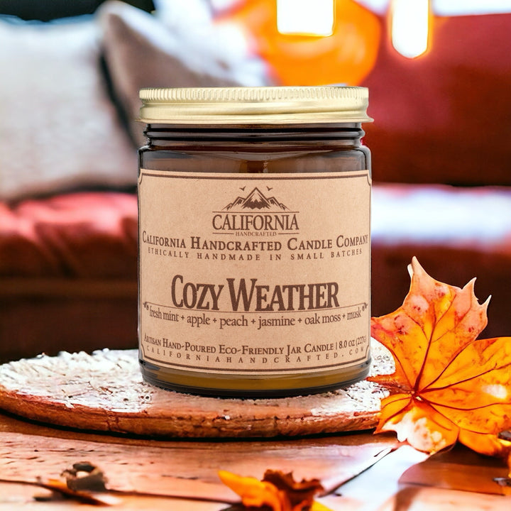 Cozy Weather Scented Soy Wax Travel Candle | Fresh Mint + Apple + Peach + Jasmine + Oak Moss + Musk - California Handcrafted