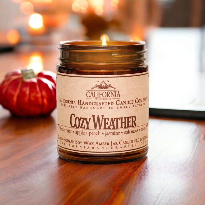 Cozy Weather Scented Soy Wax Travel Candle | Fresh Mint + Apple + Peach + Jasmine + Oak Moss + Musk - California Handcrafted