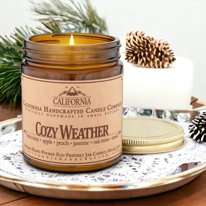 Cozy Weather Scented Soy Wax Travel Candle | Fresh Mint + Apple + Peach + Jasmine + Oak Moss + Musk - California Handcrafted