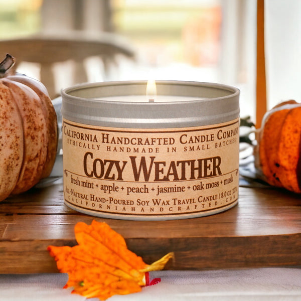 Cozy Weather Scented Soy Wax Travel Candle | Fresh Mint + Apple + Peach + Jasmine + Oak Moss + Musk - California Handcrafted