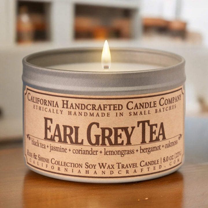 Earl Grey Tea Soy Wax Travel Candle | Black Tea + Jasmine + Coriander | 8 oz Tin - California Handcrafted