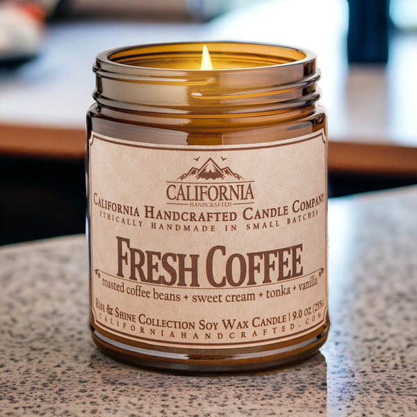 Fresh Coffee Soy Wax Amber Jar Candle | Roasted Coffee Beans + Sweet Cream + Tonka | 9 oz Jar - California Handcrafted