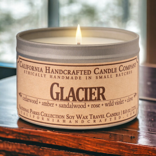 Glacier Soy Wax Travel Candle | Cedarwood + Amber + Sandalwood | 8 oz Tin - California Handcrafted