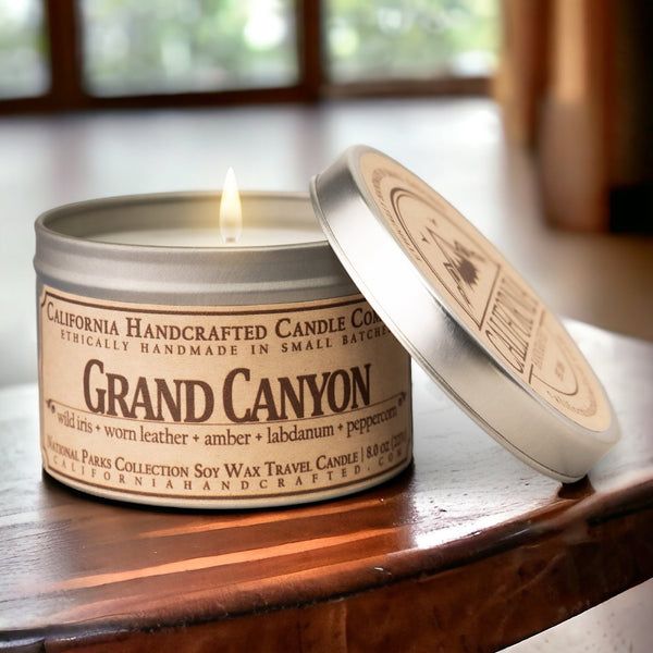 Grand Canyon Soy Wax Travel Candle | Wild Iris + Worn Leather + Amber | 8 oz Tin - California Handcrafted