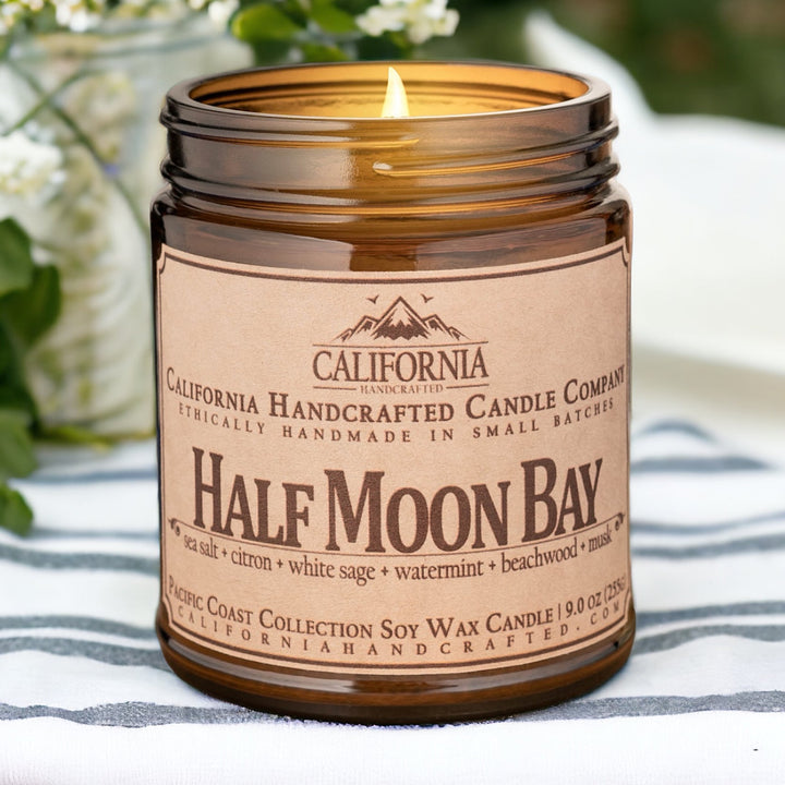 Half Moon Bay Soy Wax Amber Jar Candle | Sea Salt + Citron + White Sage | 9 oz Jar - California Handcrafted