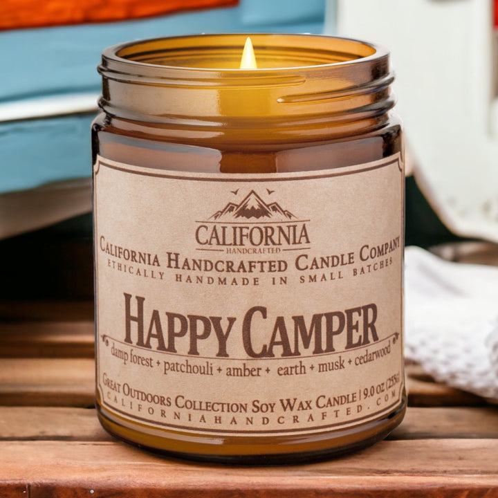 Happy Camper Soy Wax Amber Jar Candle | Damp Forest + Patchouli + Amber | 9 oz Jar - California Handcrafted