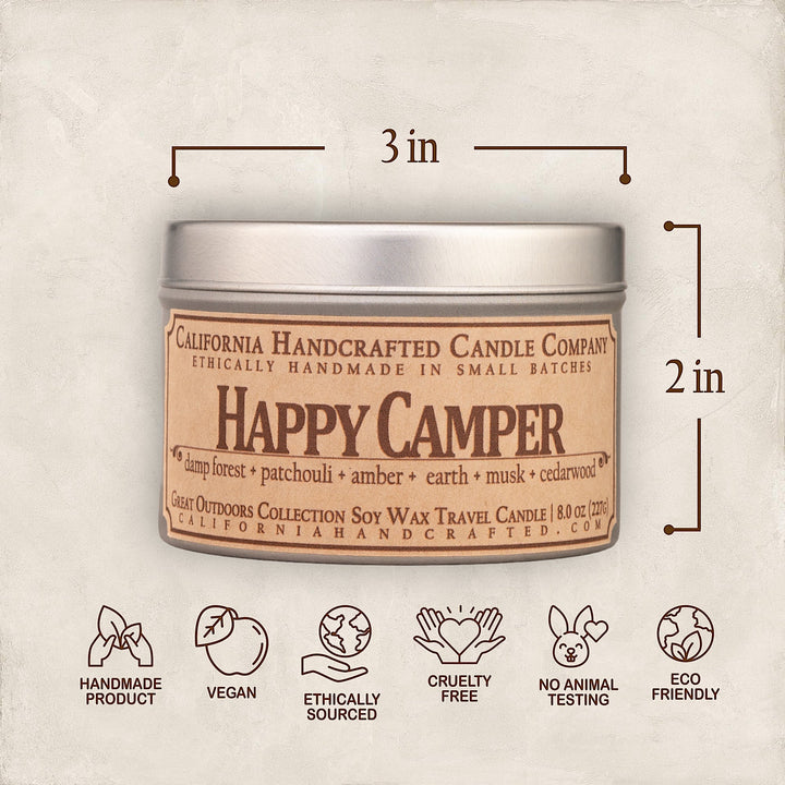 Happy Camper Soy Wax Travel Candle | Damp Forest + Patchouli + Amber | 8 oz Tin - California Handcrafted
