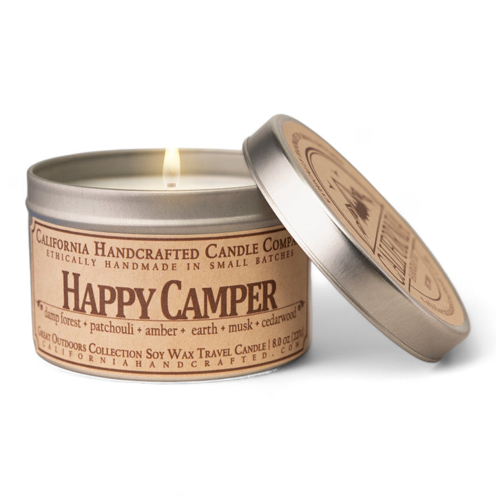 Happy Camper Soy Wax Travel Candle | Damp Forest + Patchouli + Amber | 8 oz Tin - California Handcrafted