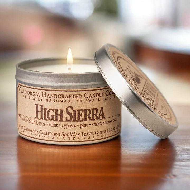 High Sierra Soy Wax Travel Candle | White Birch Leaves + Mint + Cypress | 8 oz Tin - California Handcrafted
