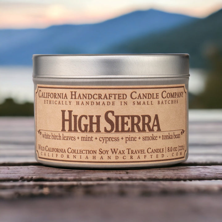 High Sierra Soy Wax Travel Candle | White Birch Leaves + Mint + Cypress | 8 oz Tin - California Handcrafted
