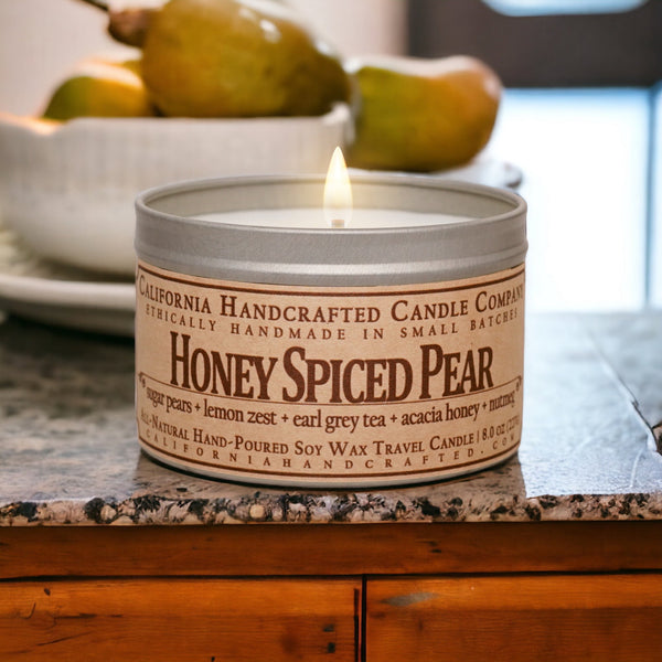 Honey Spiced Pear Scented Soy Wax Travel Candle | Sugar Pears + Lemon Zest + Earl Grey Tea + Acacia Honey + Warm Nutmeg - California Handcrafted