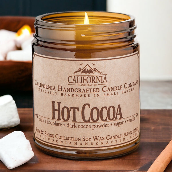 Hot Cocoa Soy Wax Amber Jar Candle | Milk Chocolate + Dark Cocoa Powder + Sugar | 9 oz Jar - California Handcrafted