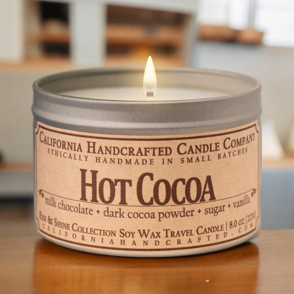 Hot Cocoa Soy Wax Travel Candle | Milk Chocolate + Dark Cocoa Powder + Sugar | 8 oz Tin - California Handcrafted