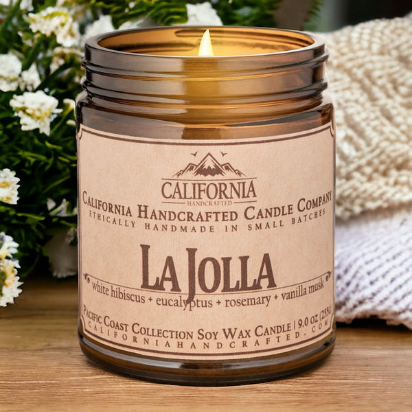 La Jolla Soy Wax Amber Jar Candle | White Hibiscus + Eucalyptus + Rosemary | 9 oz Jar - California Handcrafted