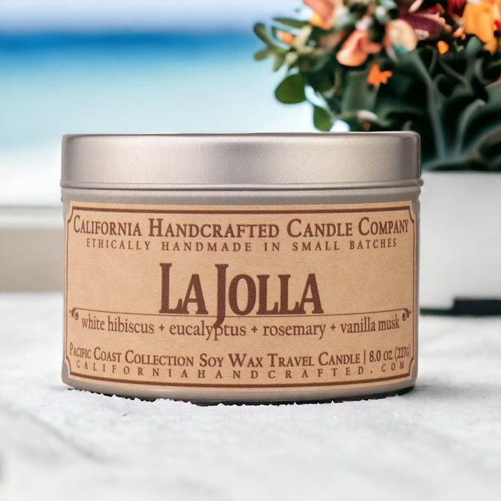 La Jolla Soy Wax Travel Candle | White Hibiscus + Eucalyptus + Rosemary | 8 oz Tin - California Handcrafted